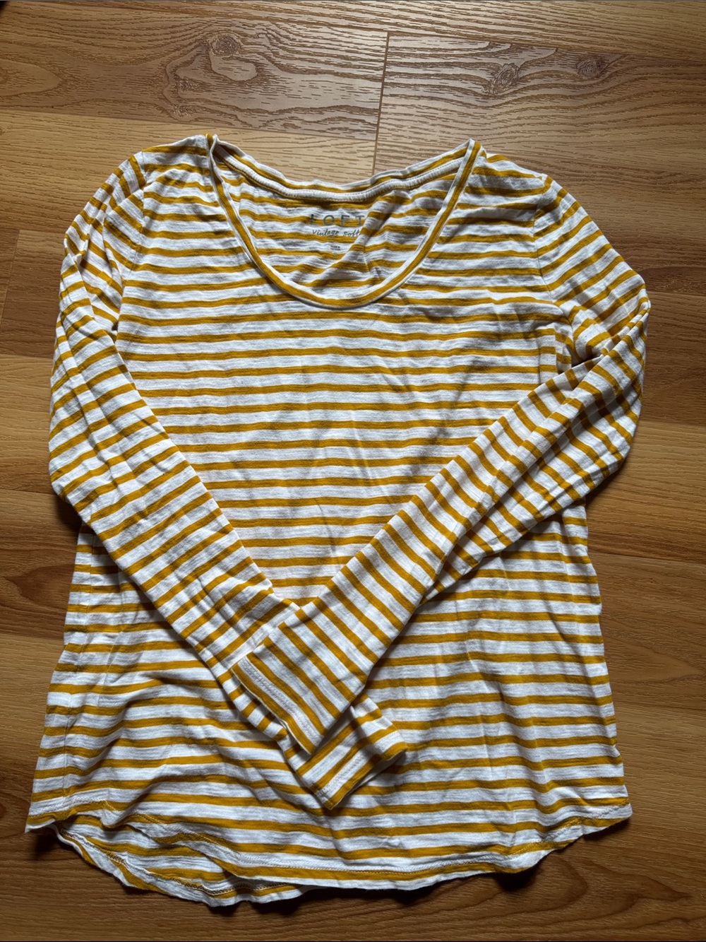 LOFT Yellow and White Striped Long-Sleeve Scoop Neck Top